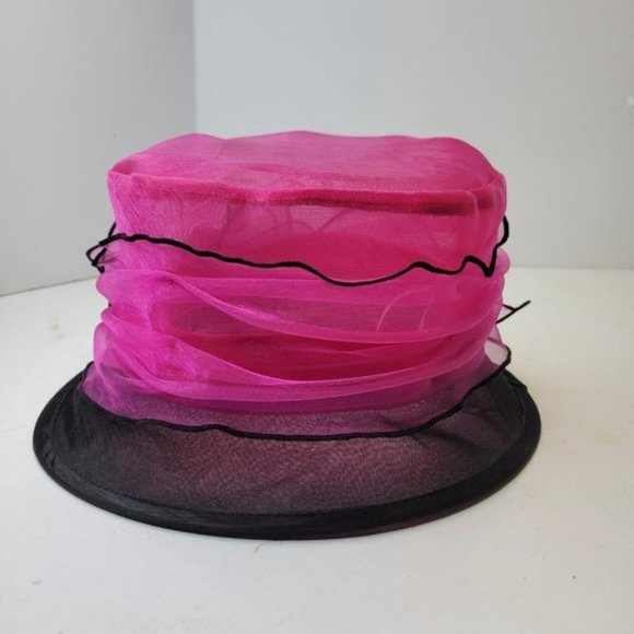 Pink and Black Ruffles Organza Packable Adjustable Dress Hat - Picture 10 of 16